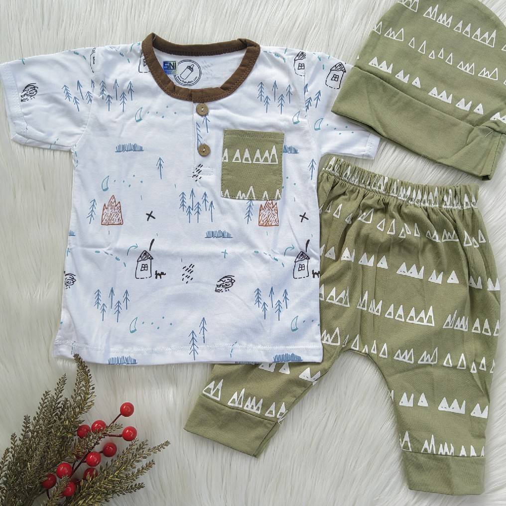 Baju bayi bahan adem / setelan bayi bertopi 6 bulan - 18 bulan