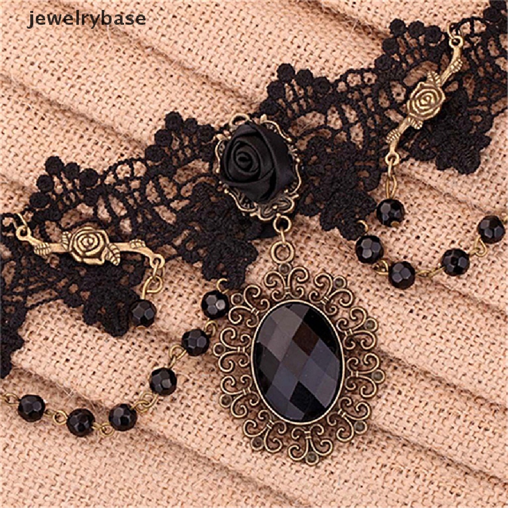 Kalung Choker Rantai Manik-Manik Renda Bunga Mawar Hitam Gaya Gothic Lolita