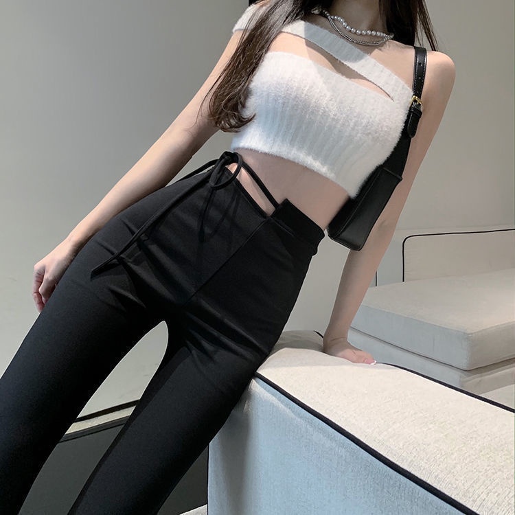 Suhao Tidak Teratur Pinggang Tinggi Berkobar Celana Wanita Musim Semi Musim Panas Tali Slim Slim Horseshoe Celana Hitam Kasual Mengepel Celana Trendi