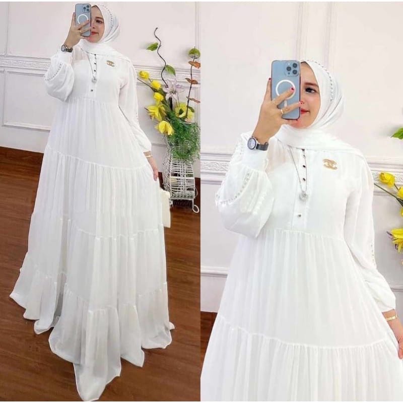 Gamis Putih Serena Set Pashmina Ceruty Babydoll Dress Kondangan Baju Wanita Kekinian Gaun Pesta Muslimah Setelan Wanita Jumbo