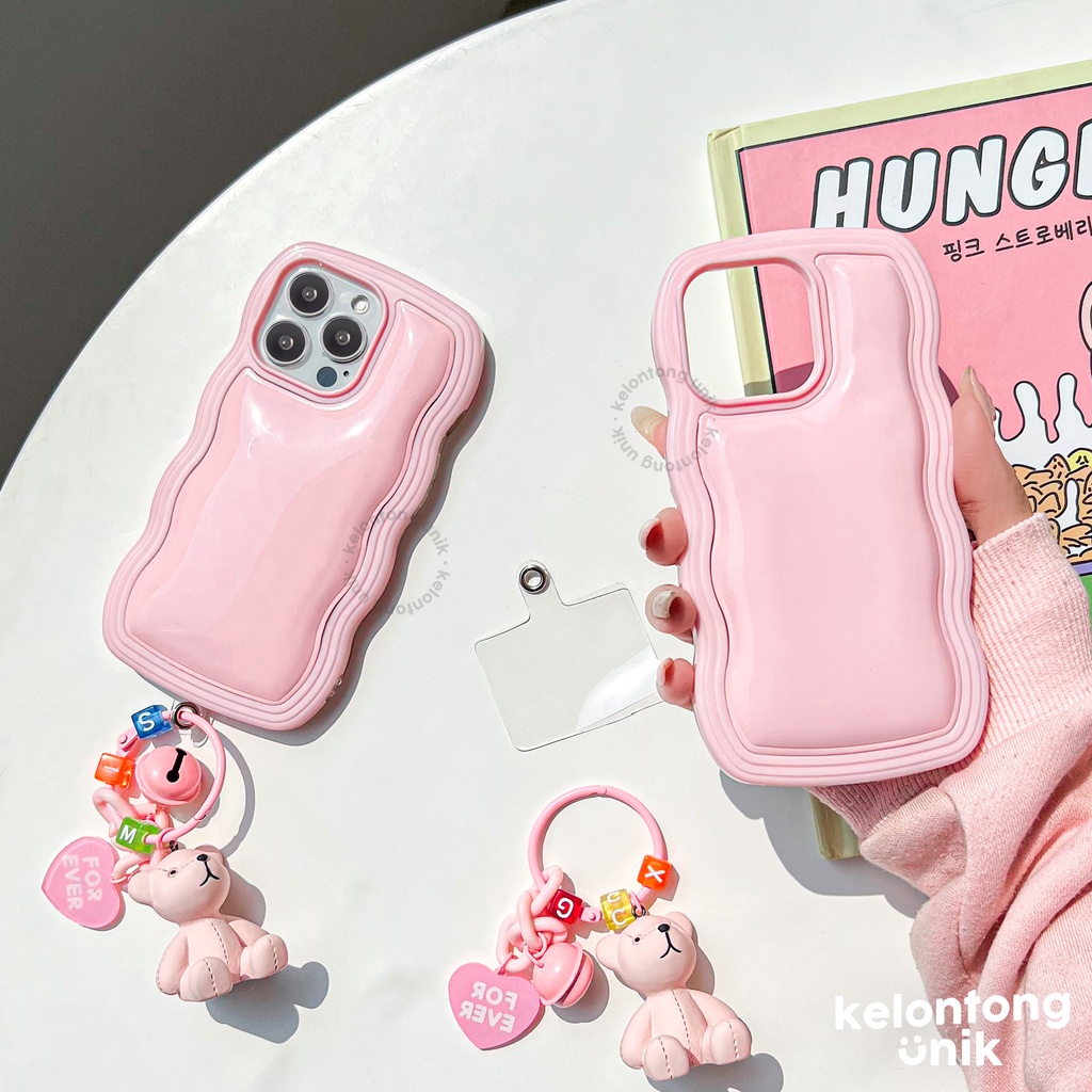 For iPhone - Pastel Colour Wavy Case with Teddy Bear Charm/ Soap Case