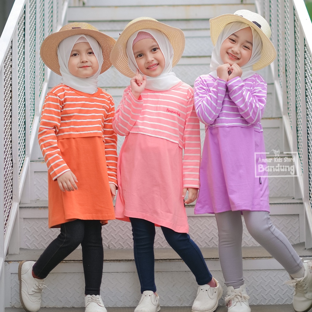 Tunik Kaos Anak Perempuan Tangan Panjang DAILY CHIC TUNIC Stripe Collection Brand Ammar Kids Baju Outfit Harian Simpel dan Lucu Untuk Usia 3 - 12 Tahun