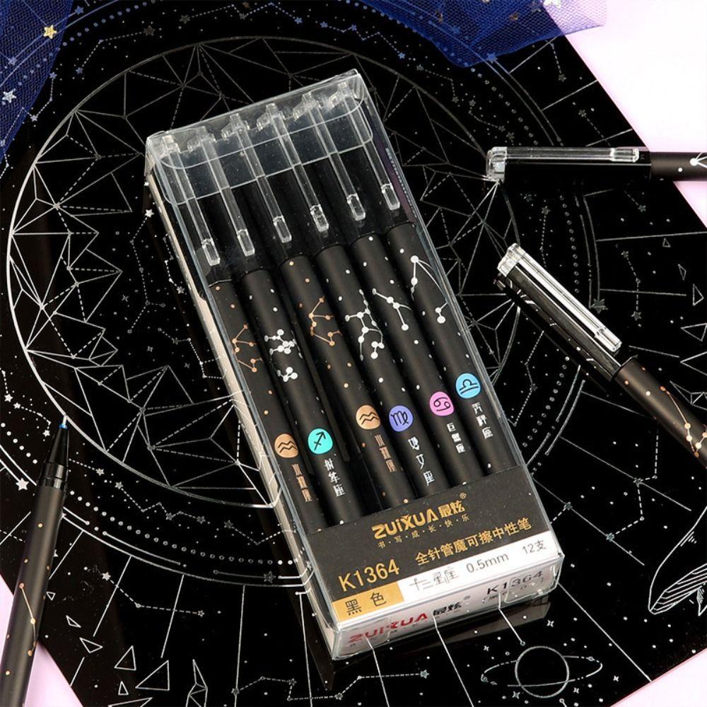 Top 12PCS/Set Gel Pena Perlengkapan Kantor Sekolah Alat Tulis Kreatif Hitam/Biru Tinta Dihapus Pulpen