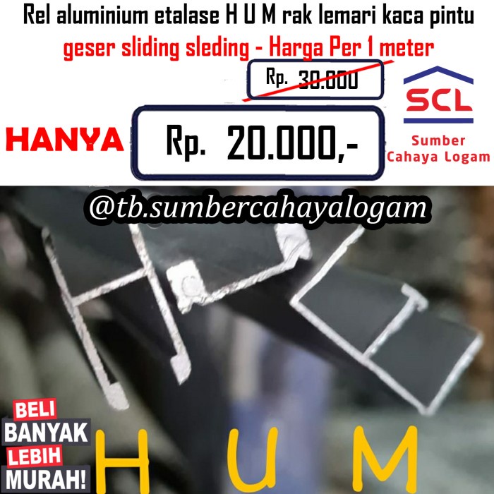 Rel aluminium etalase H U M rak lemari kaca pintu geser sliding