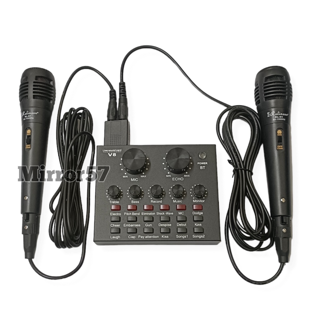 Satu Paket Alat Karaoke Mixer Mini Soundcard V8 &amp; 2 Mic Gratis Spliter