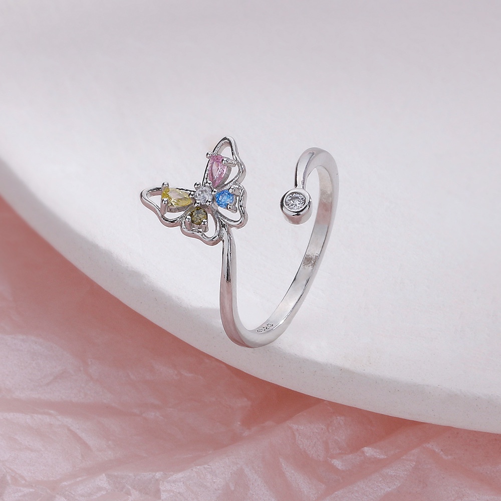 Cincin Model Terbuka Desain Kupu-Kupu Hollow Hias Zircon Warna Permen Gaya Simple Kreatif Untuk Wanita