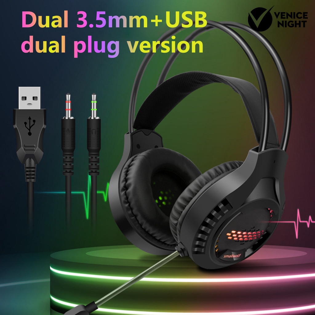 (VNEP) (Berkabel) AK3 Headset Efek Cahaya RGB Luminous Over Ear Stereo Gaming Headphone dengan Mic untuk Gamer