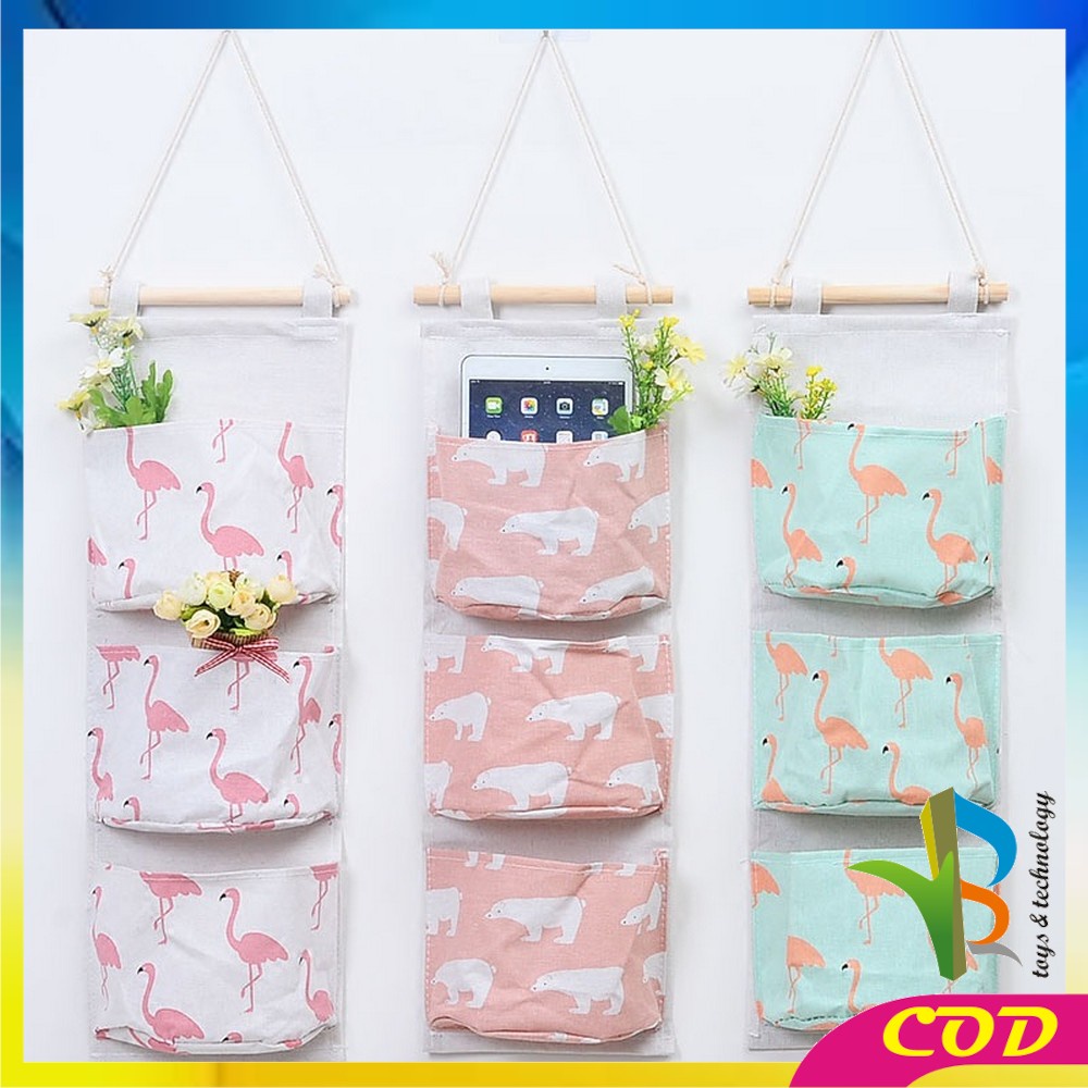 RB-C733 Pouch Gantung 3 Sekat Multifungsi Bahan Kain Kanvas Motif Korean Style / Rak Gantung Organizer / Pocket Storage Bag Canvas Serbaguna