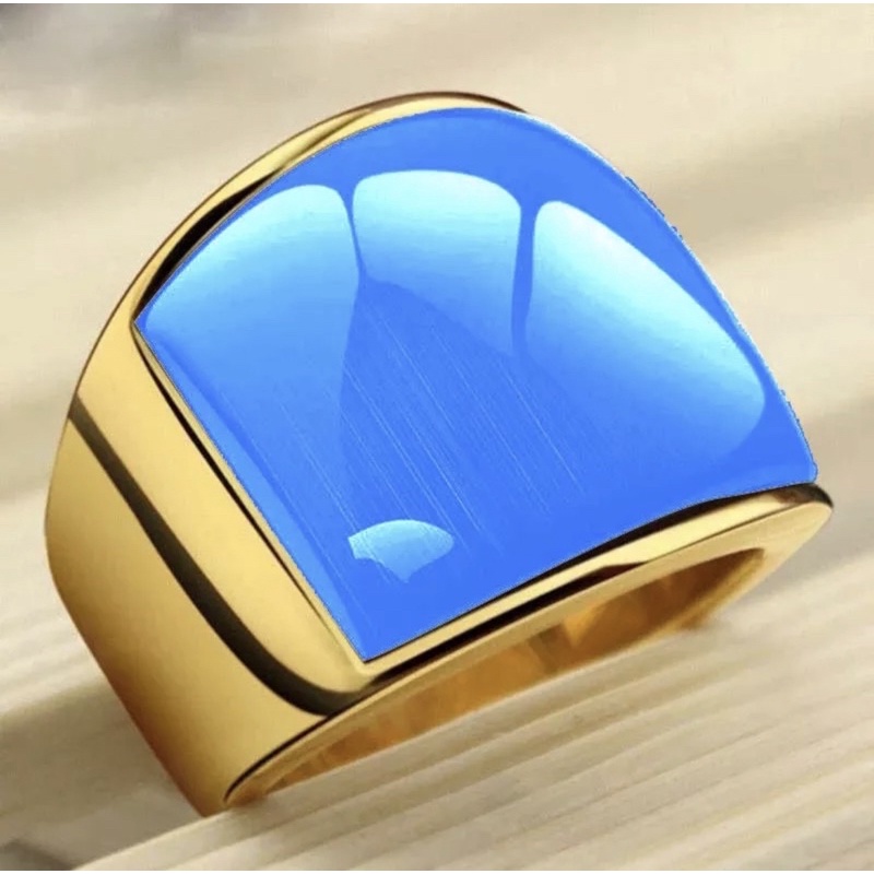 Cincin Opal Sky Blue Cat Eye Ring Gold Titanium Anti Karat Tahan Luntur