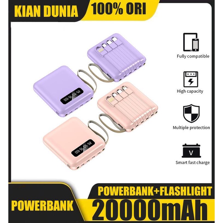 Power Bank 20000mAh Mini Powerbank Fast Charging with 4in1 Kabel Data Real Capacity 4 Output 3 Input Tipe C Micro Lightning USB LED Display