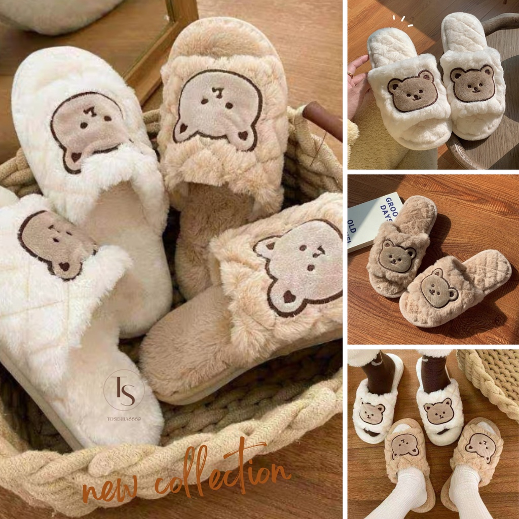 SENDAL SLOP BULU WANITA MOTIF TEDDY BEAR / SANDAL WANITA KARET KAMAR MANDI SANDAL RUMAH HOTEL SUPER EMPUK ANTI SLIP