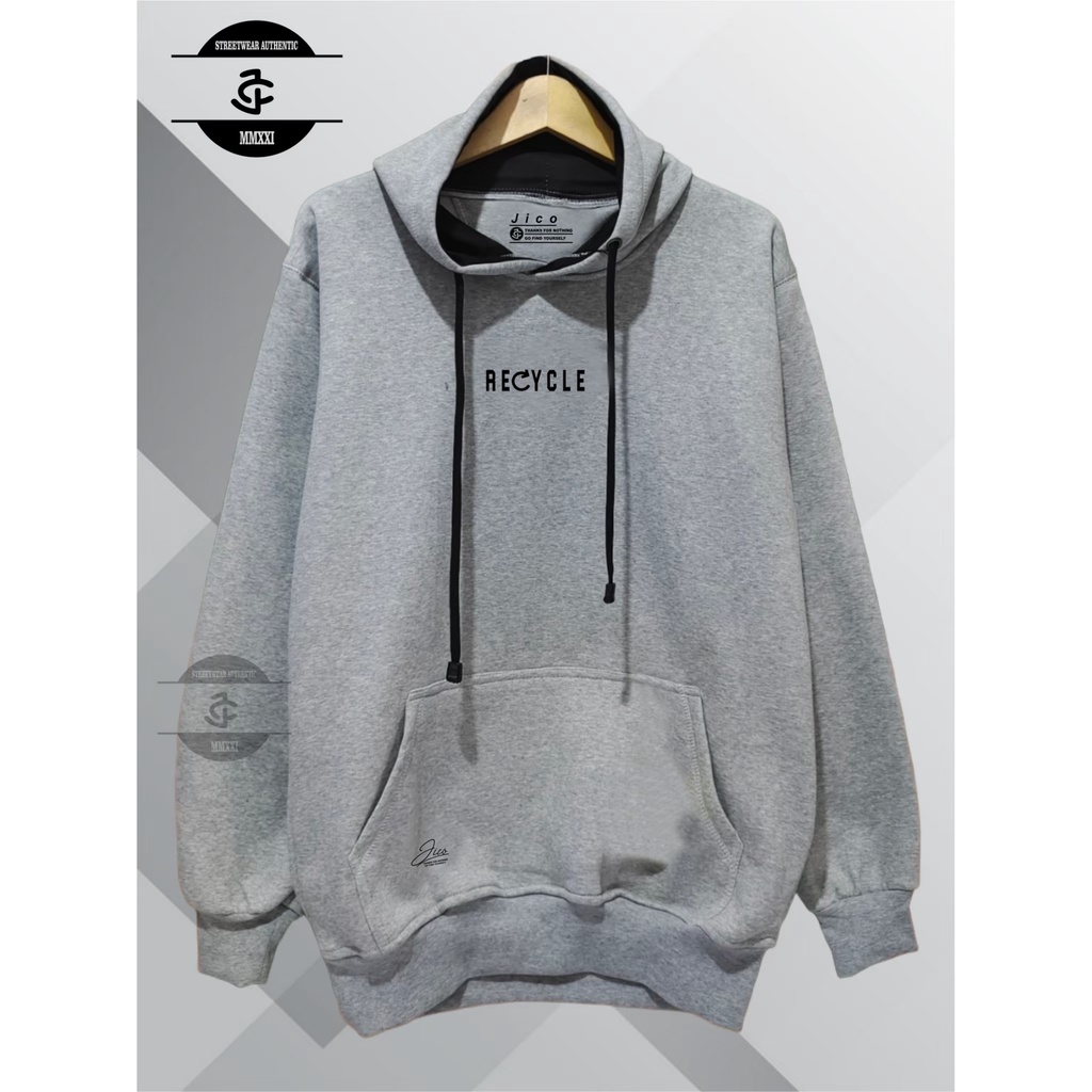 Aesthetic Jaket Hoodie Premium Best Quality 100% Original Brand JICO Distro Lokal Kota Bandung Terbaru Terpopuler dan Terlaris List Recycle Warna Abu Muda