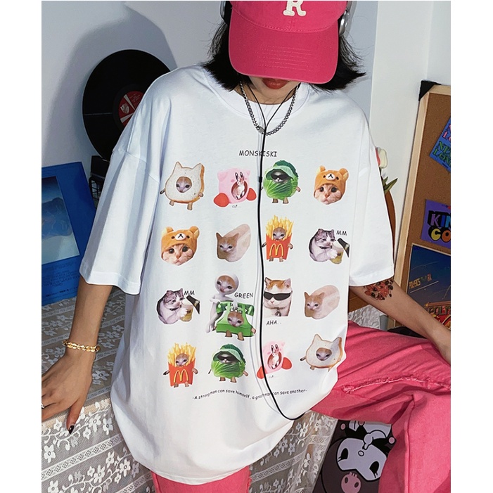 EUNII T-shirt Lengan Pendek Cute Cat Life Korean Style/Kaos Atasan Wanita/Baju Kaus Oversize Wanita