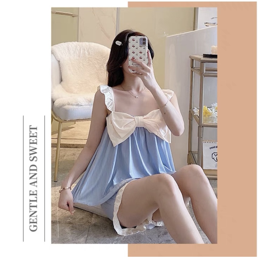 Baju Tidur Piyama set Bow Camisole Cute Putri Manis Baju Pendek Celana Pendek Sweet Import