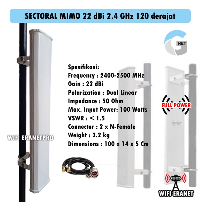 Antena WIFI Gnet Sectoral Mimo 22 DBi 2,4 GHz Full Power 120 Derajat