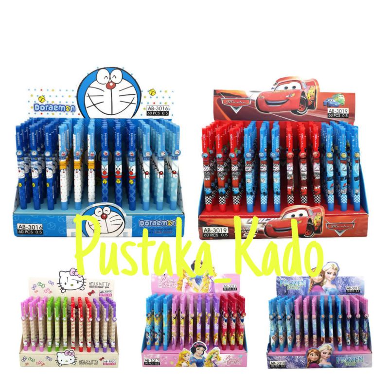 Promo Buy 2 Get 1 Pena Hitam Karakter Lucu Doraemon/Cars/H.Kitty/Princess/Frozen