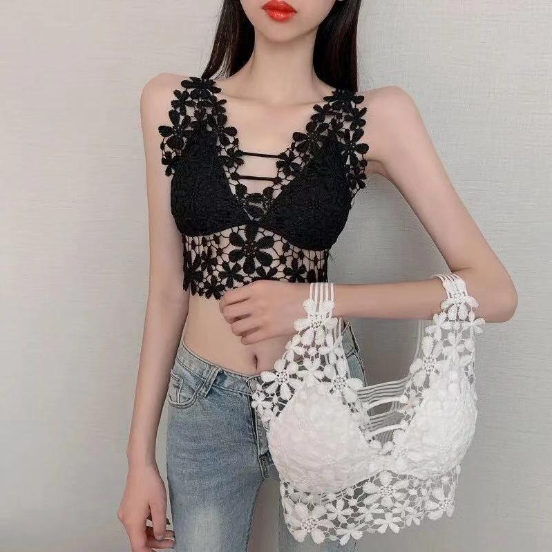 Versi Korea Hollow Deep V Seksi Pakaian Luar Yang Indah Kembali Renda Kamisol Bottoming Top Mahasisw