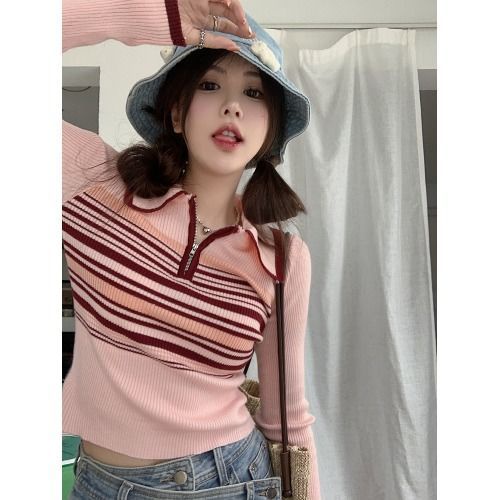 Red Korea Bergaris Polo Kerah Rajutan Sweater Wanita Musim Gugur Tipis Lengan Panjang Kemeja Bottoming Gaya Asing Pendek Niche Top Pakaian Dalam