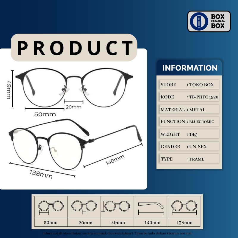 Kacamata Korea Bulat PHOTOCROMIC ANTI RADIASI BLUERAY 2in1 untuk miuns pria dan wanita metal 1920
