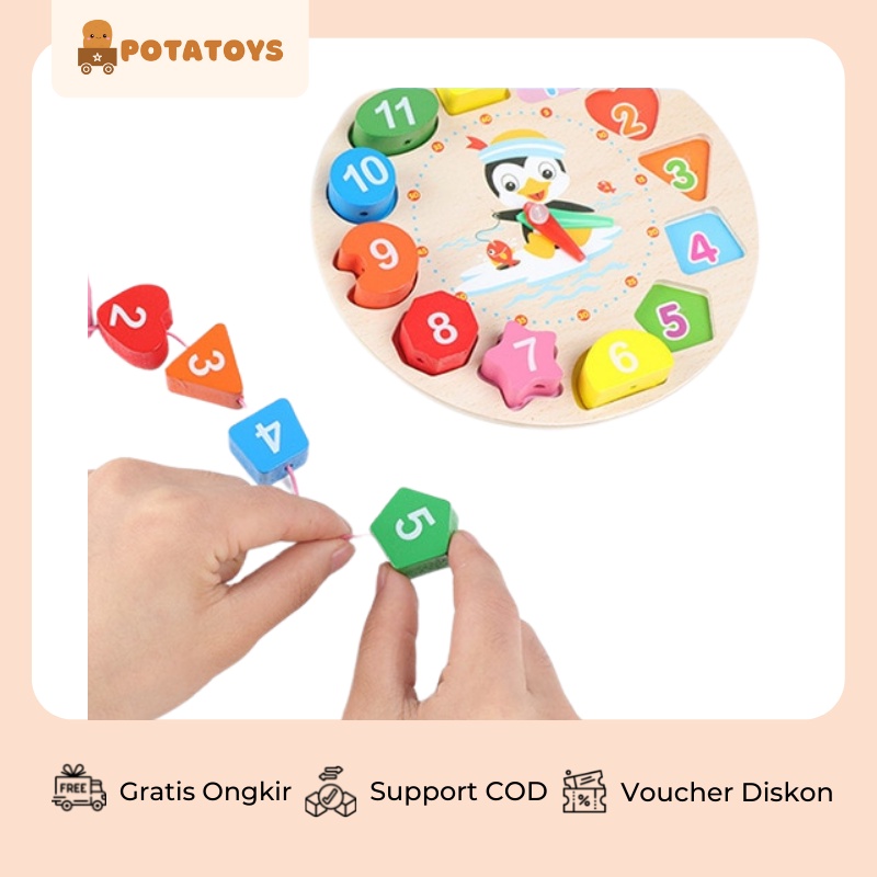 [ Potatoys  ] Mainan Edukasi Anak / Puzzle Jam Kayu / Wooden Clock Toys / Mainan Montessori Beads