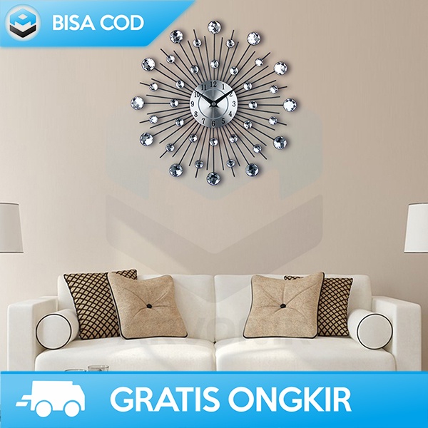 JAM DINDING 3D DIY DESAIN UNIK LUXURY DIAMOND WALL CLOCK QUARTZ SILVER