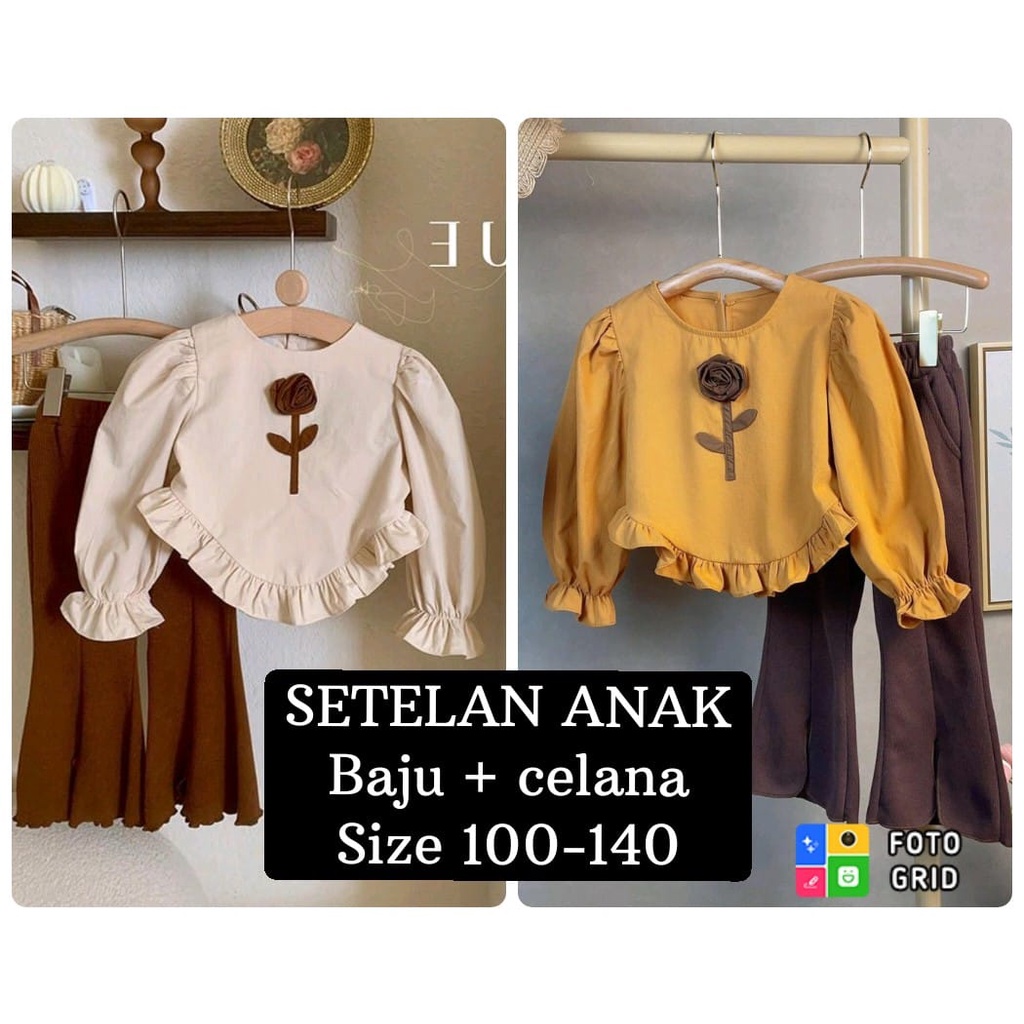 (LOLI-JKT) BS-346 SETELAN ANAK CEWEK BUNGA TIMBUL 2WARNA SIZE 100-140