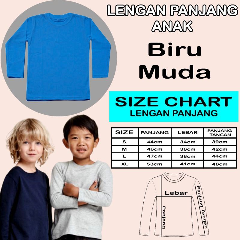 Kaos Polos Anak Lengan  Panjang Pe (Polyester) Warna Biru Muda  S - XL