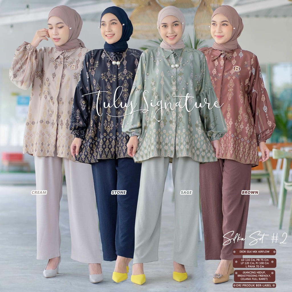 Baju Setelan Wanita Kekinian One Set Satin Airflow Premium Motif Batik Busui Tunik dan Celana LD 110