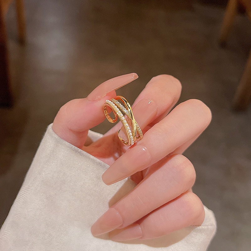 Cincin Model Terbuka Lapis Ganda Hias Mutiara Berlian Imitasi Bahan Zirkon Gaya Korea Untuk Wanita