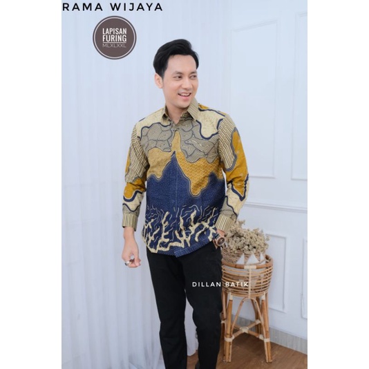 Batik Pria Lengan Panjang Rama Wijaya Navy Mustard Kombinasi