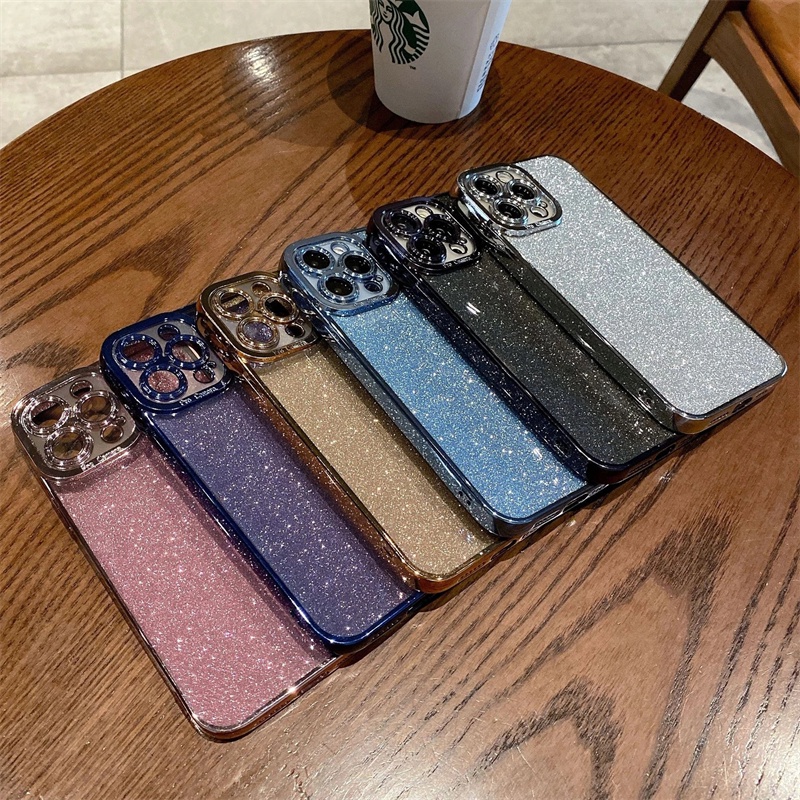 Casing iPhone 14 13 12 11 Pro Max Plus Bentuk Kotak Warna Gradasi Aksen Glitter Mewah