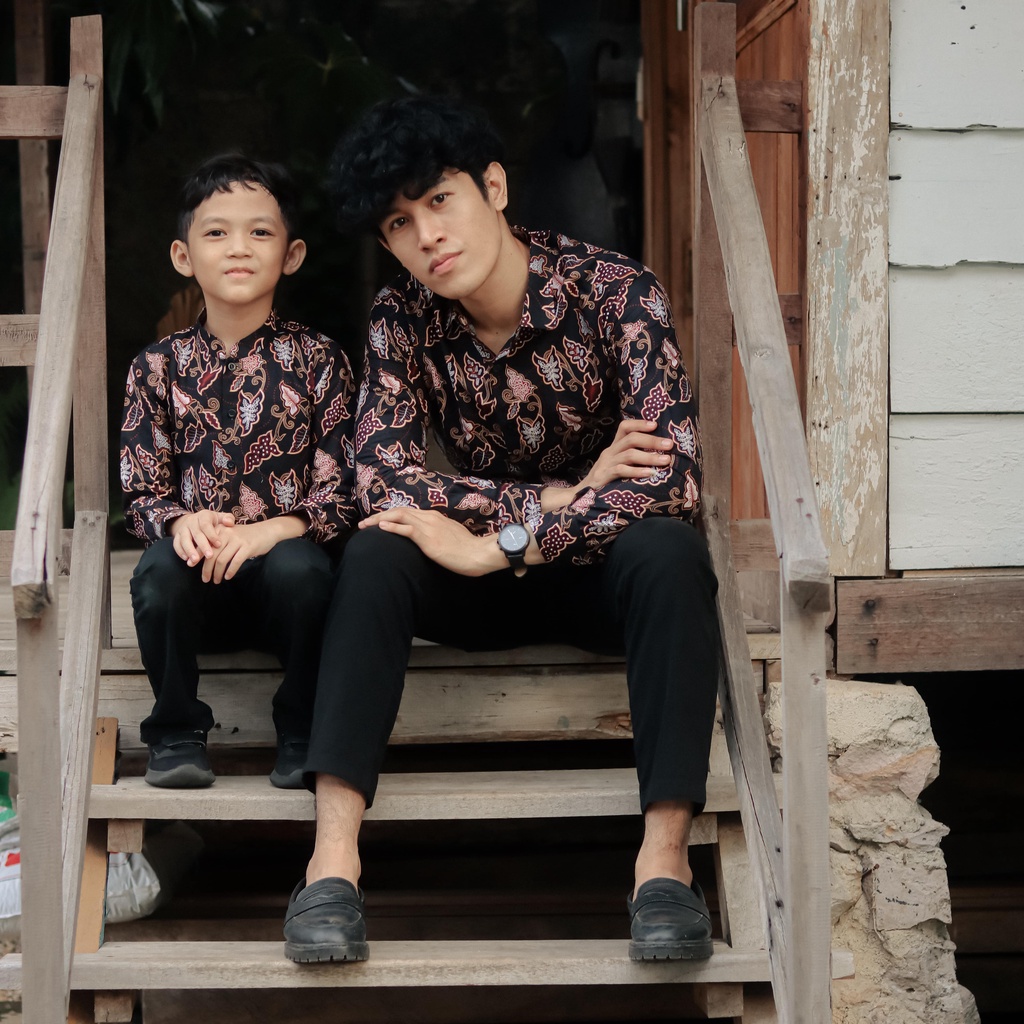 Batik Couple Ayah &amp; Anak Slimfit Motif Casual Warna Hitam &amp; Navy LBL 1809 &amp; 1810