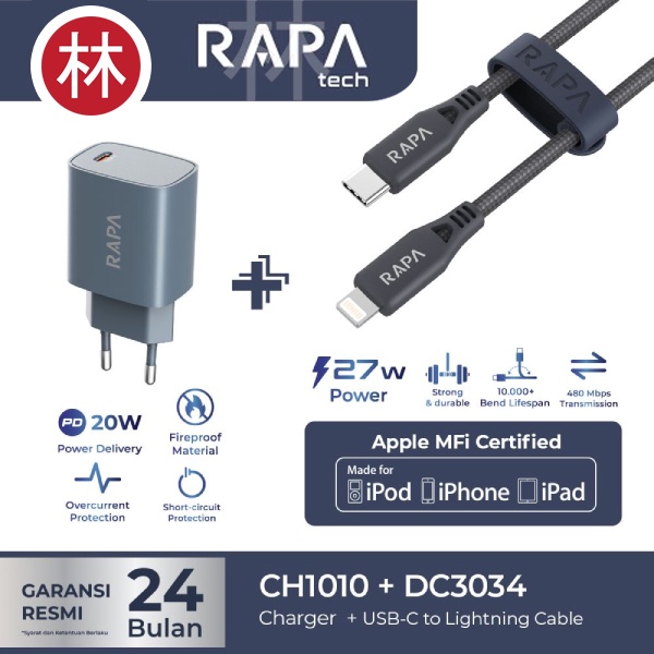 RAPAtech CH1010 &amp; DC3034 MFi - Charger PD20W &amp; Line+ MFi C to Lighting 27W