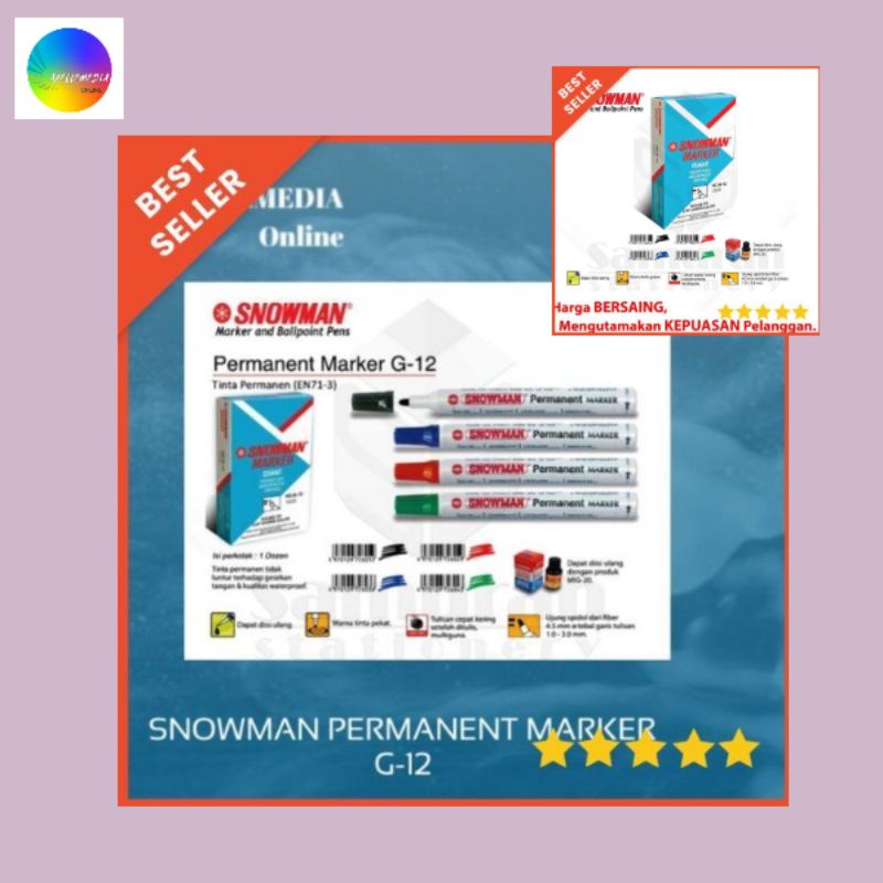 

Spidol Permanent Snowman Marker G-12 Pcs / G12 Permanen Besar G 12 Hitam Biru Merah Hijau(ORIGINAL PRODUK)