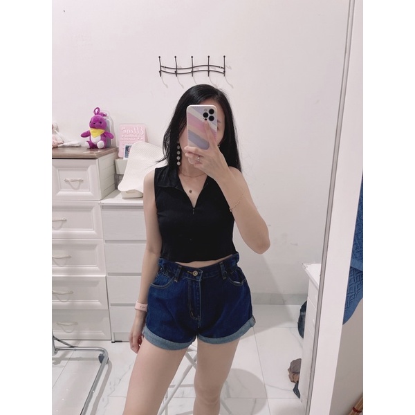 Croptop kerah buntung | top nami kerah buntung | atasan crop kerah buntung sleting | korean fashion wanita | aquarius boutique89