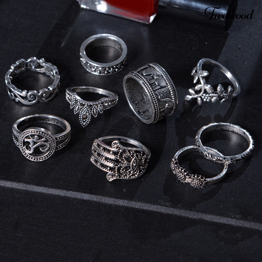 9 Pcs Cincin Knuckle Model Ukir Bunga Matahari Hamsa Hand of Fatima Hollow Gaya Retro Untuk Wanita