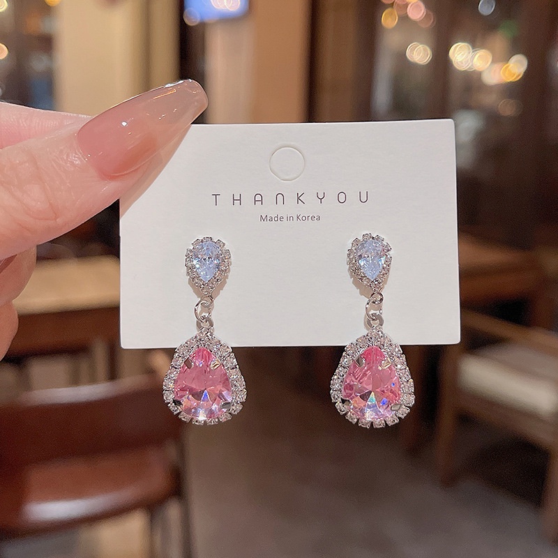 Anting Tusuk Sterling silver 925 Desain Tetesan Air Hias Kristal Zircon Pink Mewah Untuk Wanita