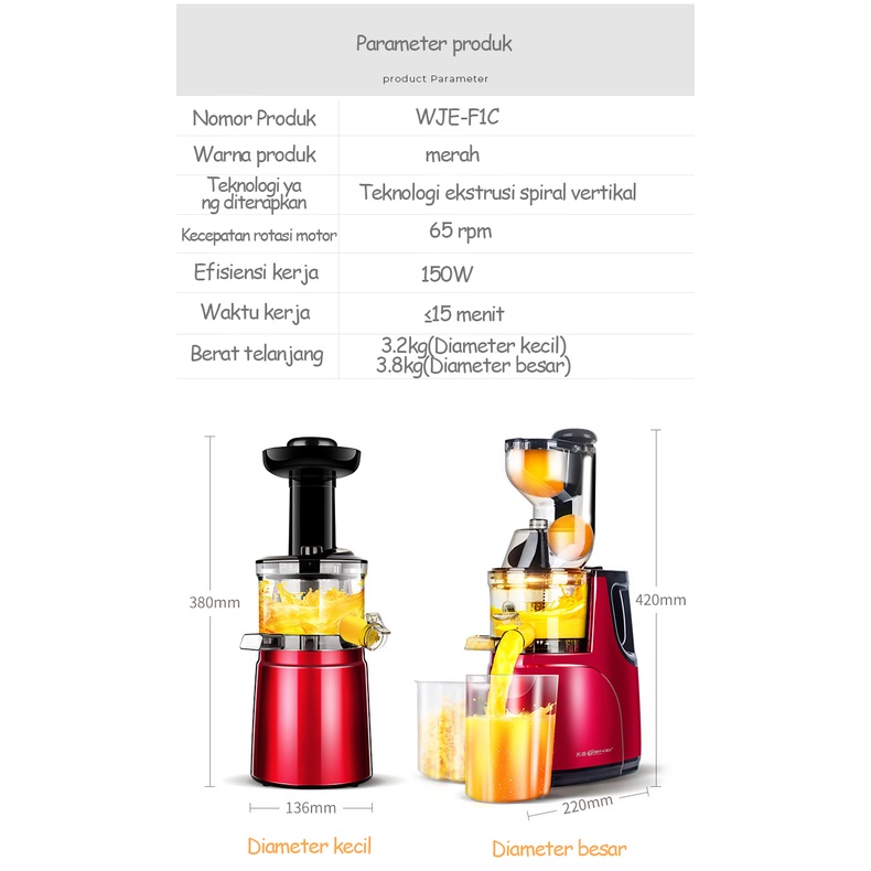 (COD) Slow Juicer 99% Fresh Fruit Juice Rpm 65 150w Multifunksional Imported Diameter Besar Juicer Juice Blender Extraction Blender