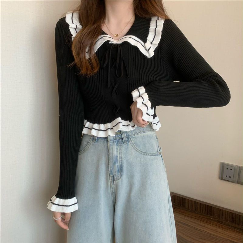 YIU YIU Rajut - Sweater Rajut Import Korea Atasan Casual Lengan Panjang Rajut Kantor Crop Top Long Sleeve