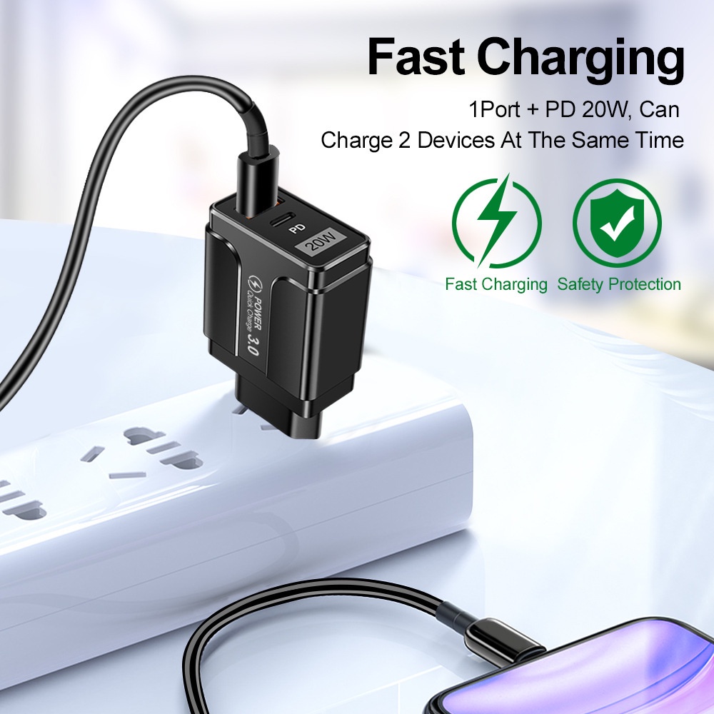 Adapter Charger Power QC3.0 + PD 5V / 9V / 12 USB Tipe C Fast Charging Untuk Iphone Android