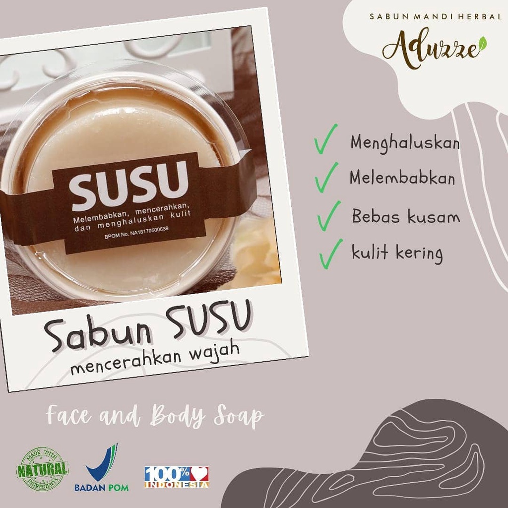 Sabun Herbal SUSU Aduzze Melembabkan Halus Cerah Perawatan Kulit - Original isi 50 Gram