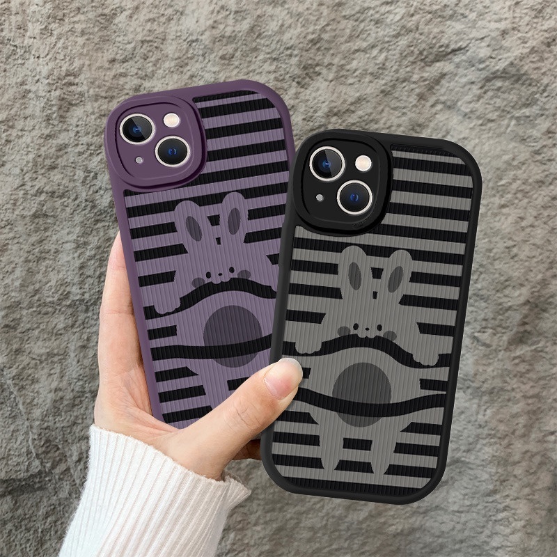 Case Motif Print Kelinci Garis Gelap Untuk IPhone 12 13 14 11 Pro Max X Xs Max Xr Prtfg