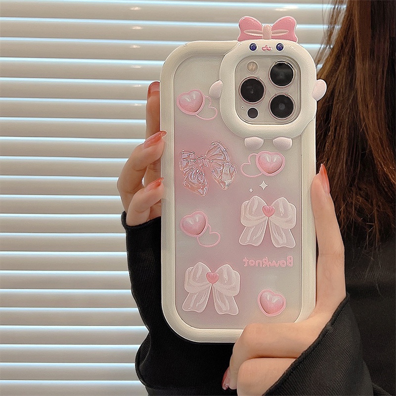 Soft Case Pelindung Lensa Bahan Silikon Tahan Banting Aksen Pita Pink Untuk iPhone 14 13 12 11 Pro Max X Xr Xs Max 7 8 6s Plus