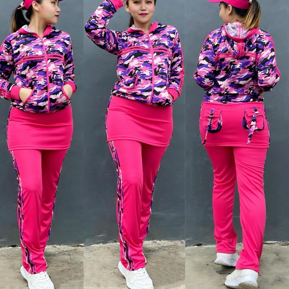 ㊤ Stelan Baju Senam Aerobik Zumba Olahraga Panjang Muslim Hijab Army Rok Pink READY 3480 ❖