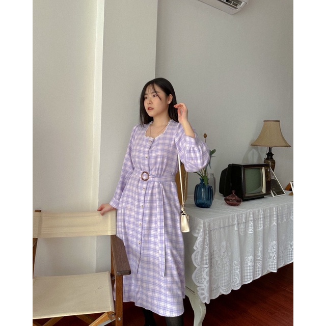 KANON - Lucy Flannel Dress with Belt - Dress midi flannel motif kotak-kotak design vintage korean look