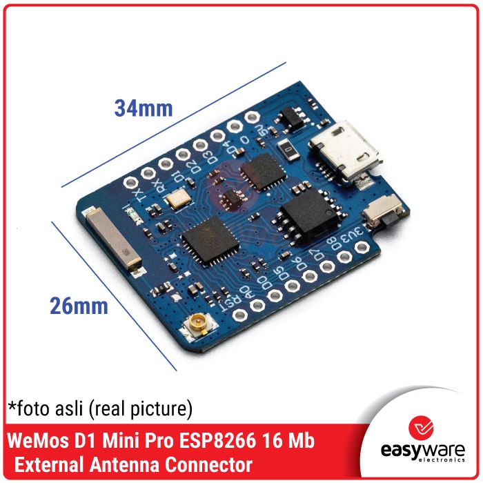 WeMos D1 Mini Pro ESP8266 16MB Board with External Antenna Connector