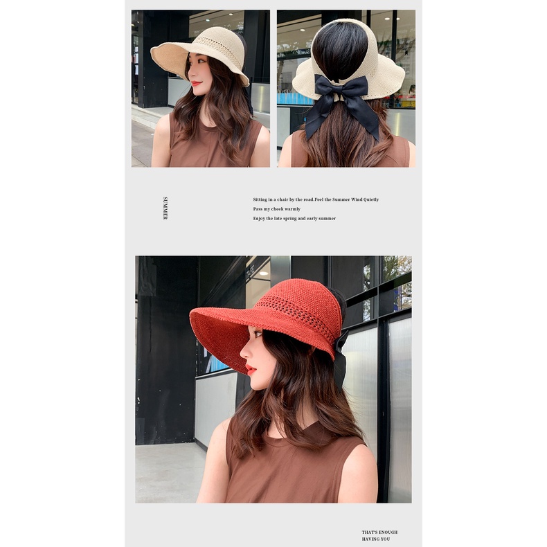 Topi Pantai Rajut Pita Korea Fashion Topi Wanita Bisa Dilipat Topi Rajut Sun Visor Hat - BM01