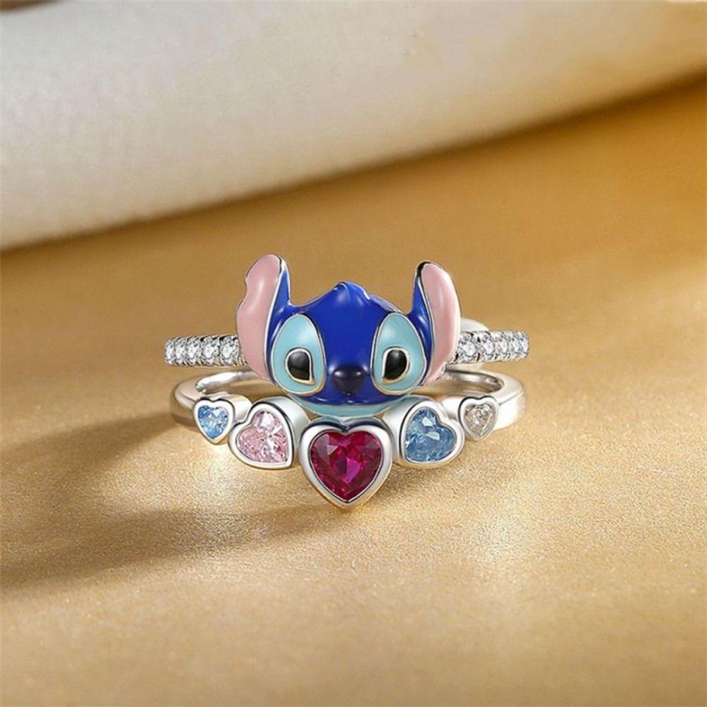 Mxbeauty Cosplay Anime Stitch Cincin Fashion Berlian Perhiasan Aksesoris Double Layer Anime Figure Untuk Dewasa Anak-Anak Perhiasan Cincin