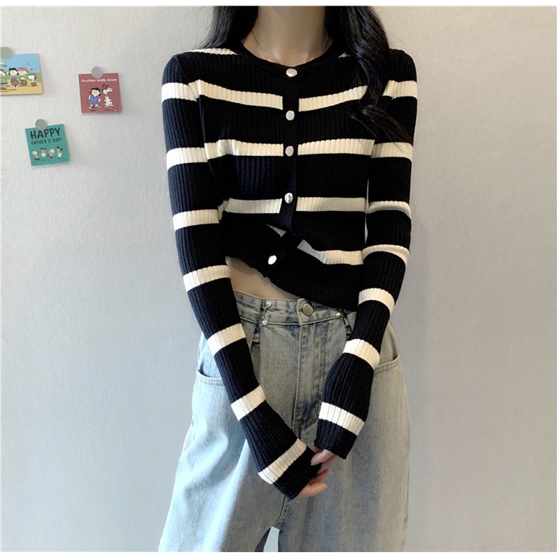 Cardigan Kancing Rajut Wanita Panjang Stripe Lengan Panjang Casual Top