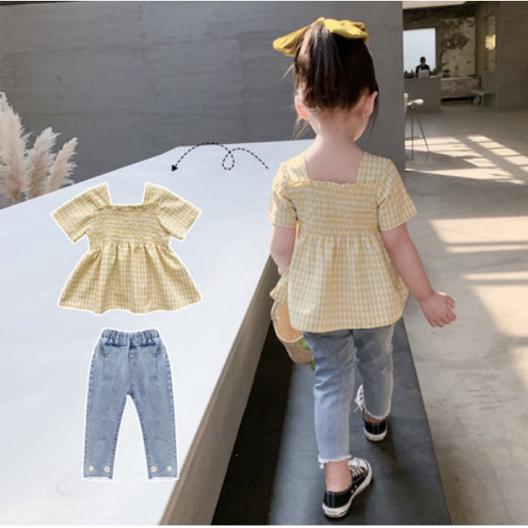 JUNECOLLECTIONS KEROOD BLOUSE BAJU KERUT SETELAN PETAK ANAK PEREMPUAN CELANA PANJANG JEANS #659